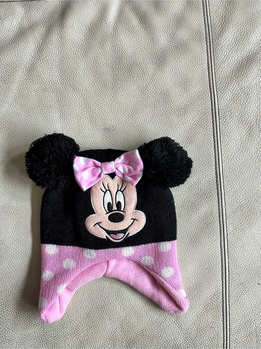 Disney Minnie Mouse Pom-Pom Ear Flap Beanie Hat Pink & Black